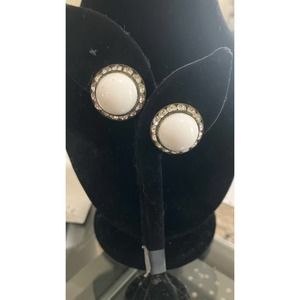 Vintage White Milk Glass Stone and Crystal Clip On Earrings